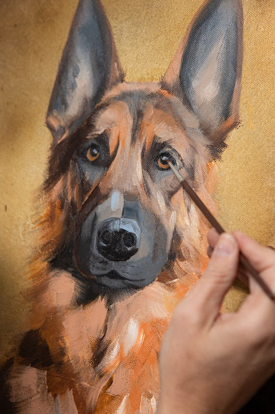 Painting of a German Shepherd dog being worked on with a brush.