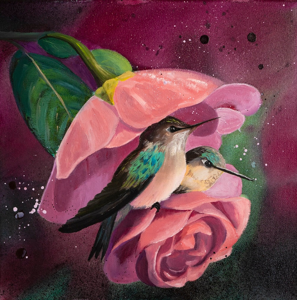"Hummingbirds Safe Within the Rose" Original Painting