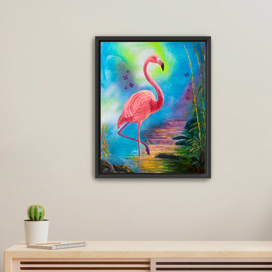 "Balanced Flamingo" Framed Canvas Print