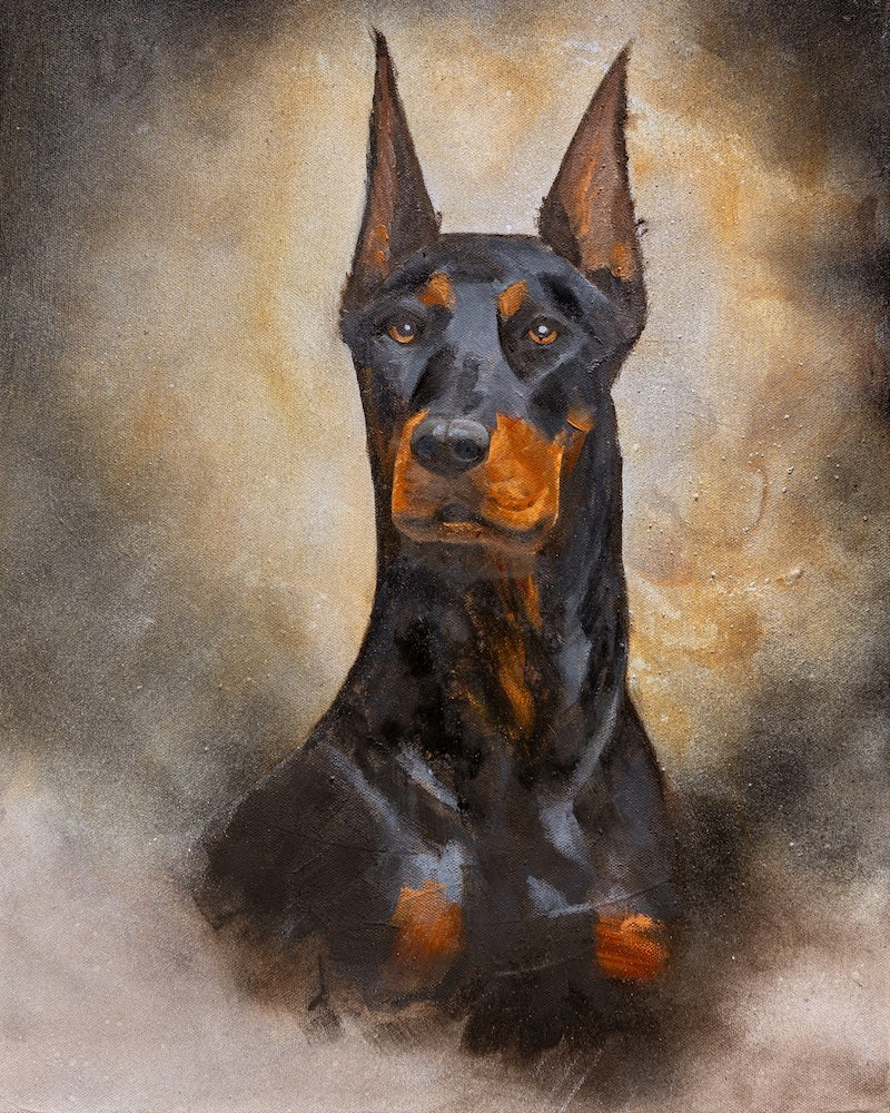 Artistic depiction of a Doberman Pinscher on a textured brown background