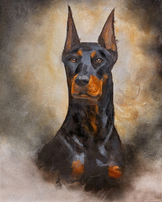 Artistic depiction of a Doberman Pinscher on a textured brown background