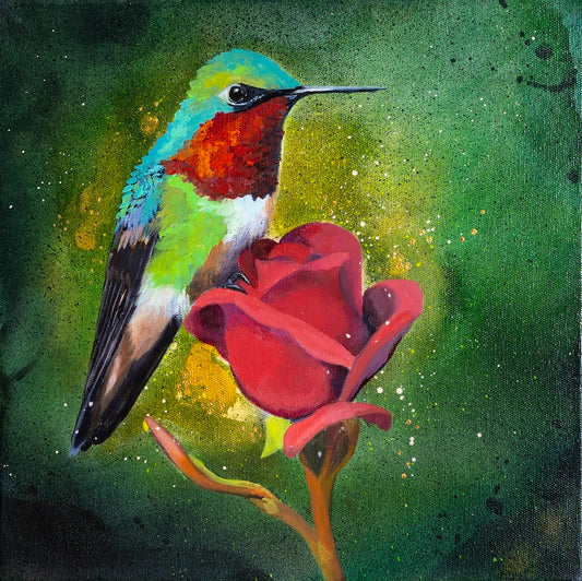 "Red-Necked Hummingbird on Red Rose" Original Painting