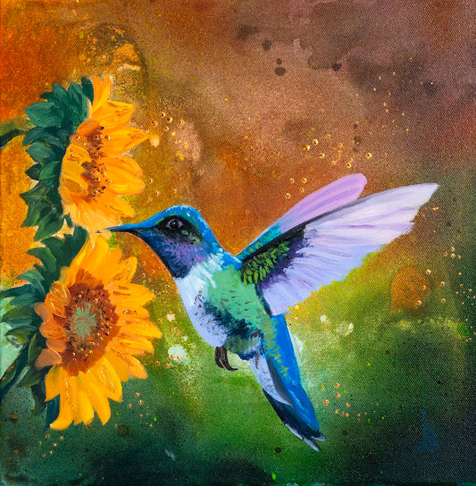 "Hummingbird and Sweet Sunflower Nectar" Original Painting
