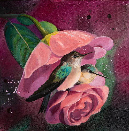 "Hummingbirds Safe Within the Rose" Original Painting