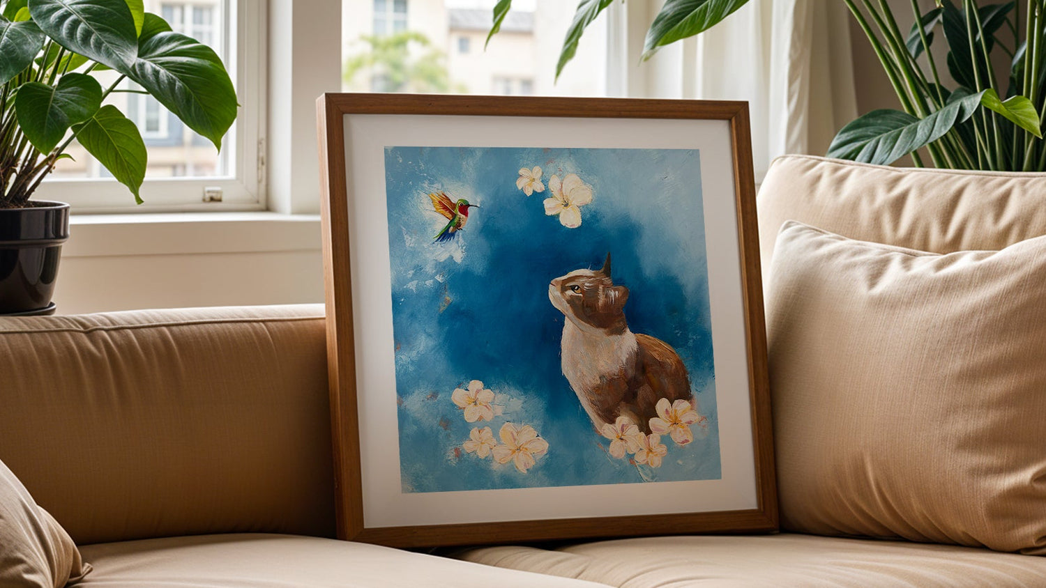 A framed art print featuring a painting of a brown cat on a blue background with white flowers, styled on a beige sofa in a living room with potted plants and a window.
