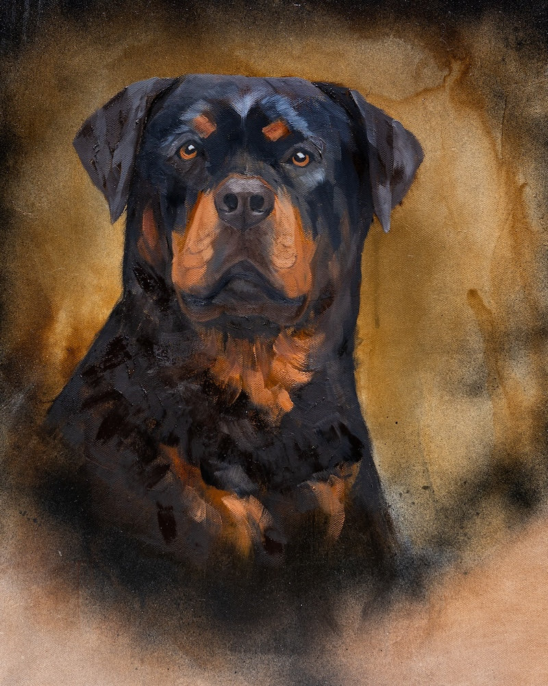 Artistic depiction of a Rottweiler with a textured brown background