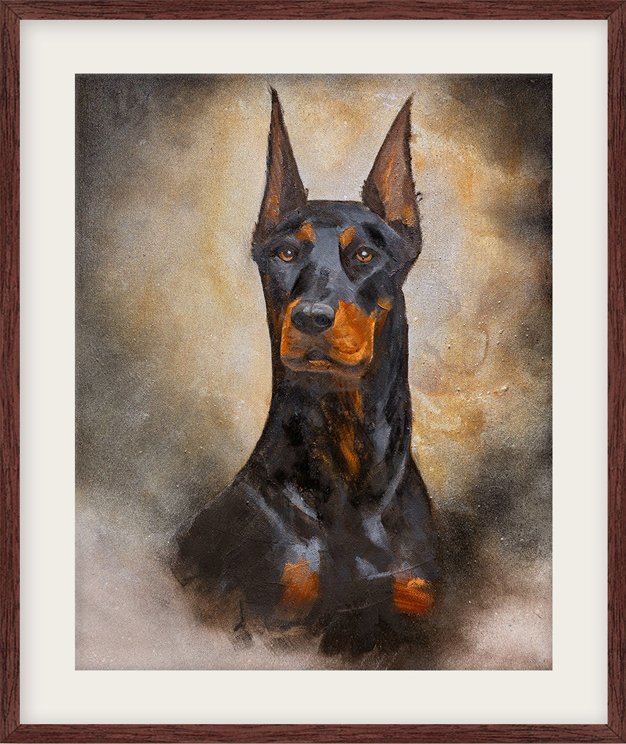 Framed painting of a Doberman Pinscher with a brown frame.