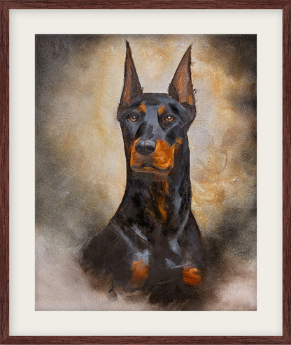 Framed painting of a Doberman Pinscher with a brown frame.