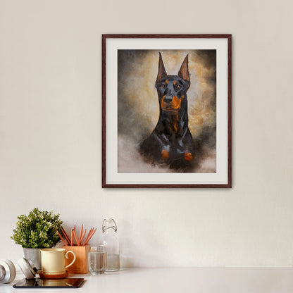 Framed artwork of a dog on a wall above a desk with office supplies.