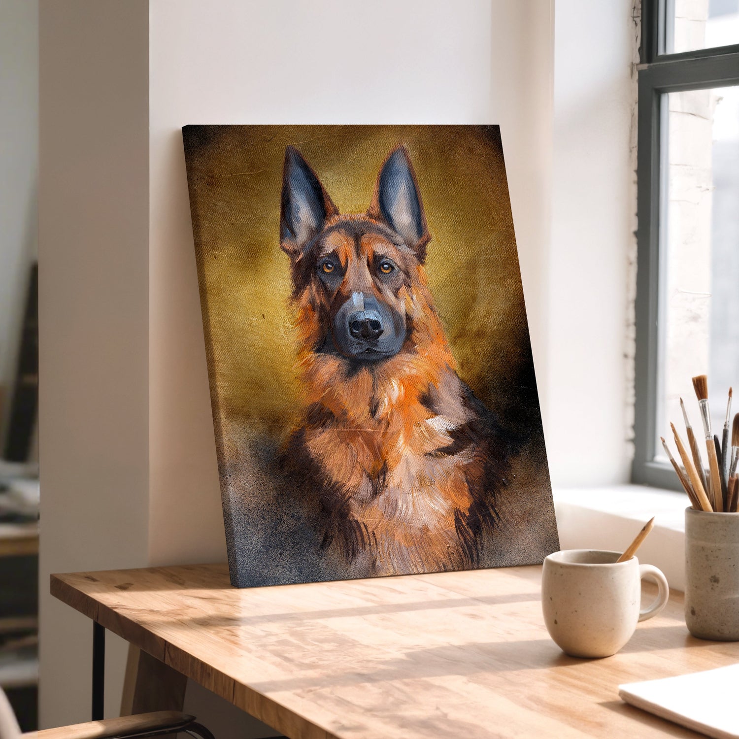 Canvas print of a dog on a wooden table with a cup and brushes in a home office setting.
