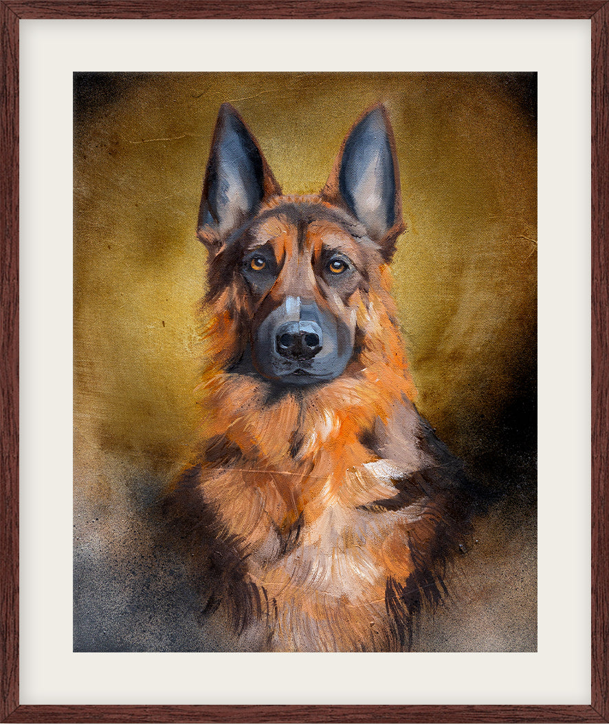 Framed painting of a German Shepherd dog with a brown background