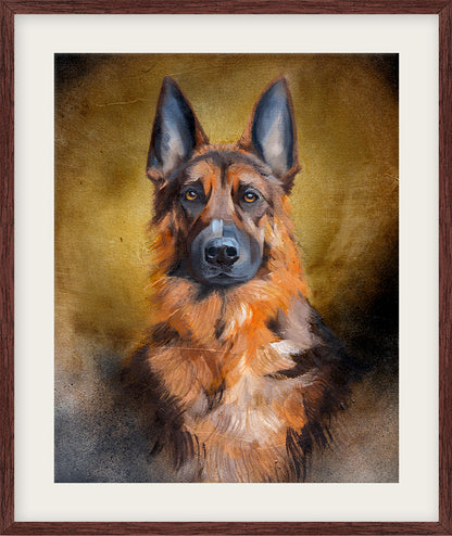 Framed painting of a German Shepherd dog with a brown background