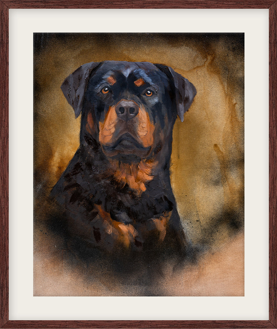 Framed artwork of a Rottweiler dog with a brown and black color scheme.