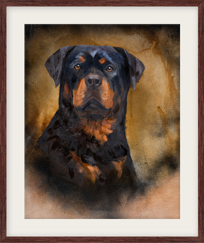 Framed artwork of a Rottweiler dog with a brown and black color scheme.