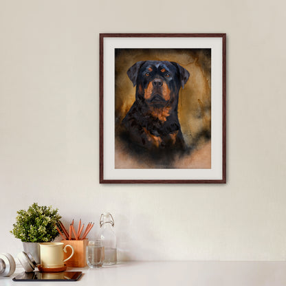 Framed portrait of a Rottweiler on a wall above a desk with office supplies.